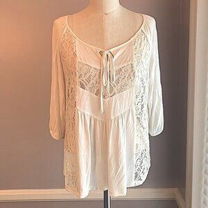 Charming Charlie 3/4 sleeve flowy cream knit top with lace insets and tie neck M